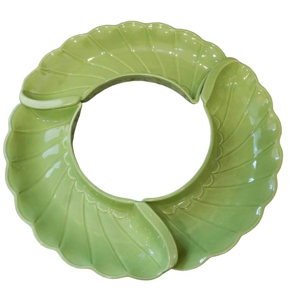 MCM Sylvan Ceramics Green Relish Tray Dip Divided 3 Piece Set USA No 370 Vintage